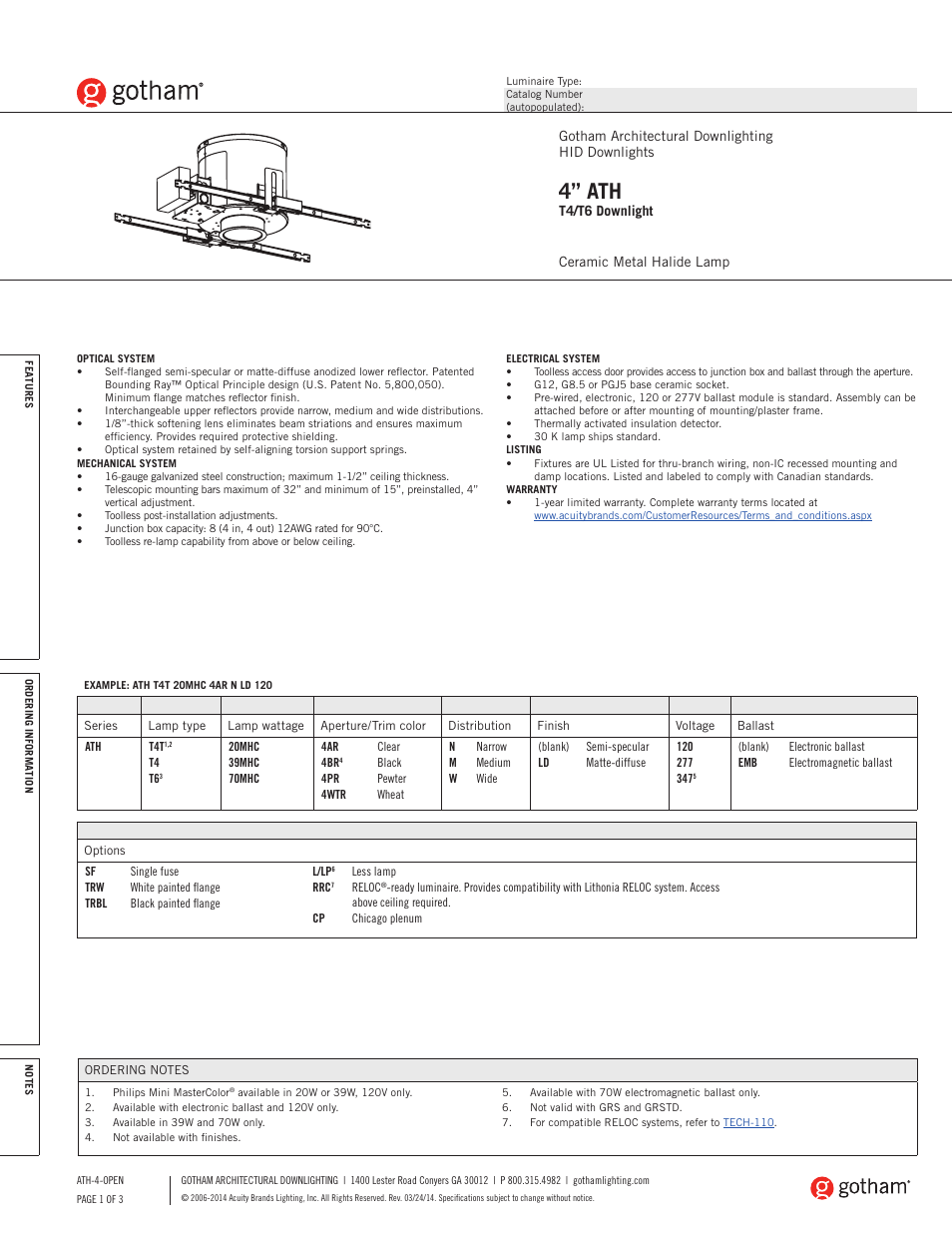 Gotham 4 ATH T4_T6 Downlight SpecSheet User Manual | 3 pages