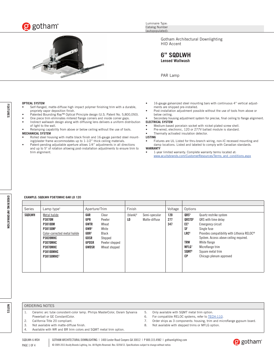 Gotham 6 SQDLWH Lensed Wallwash SpecSheet User Manual | 4 pages