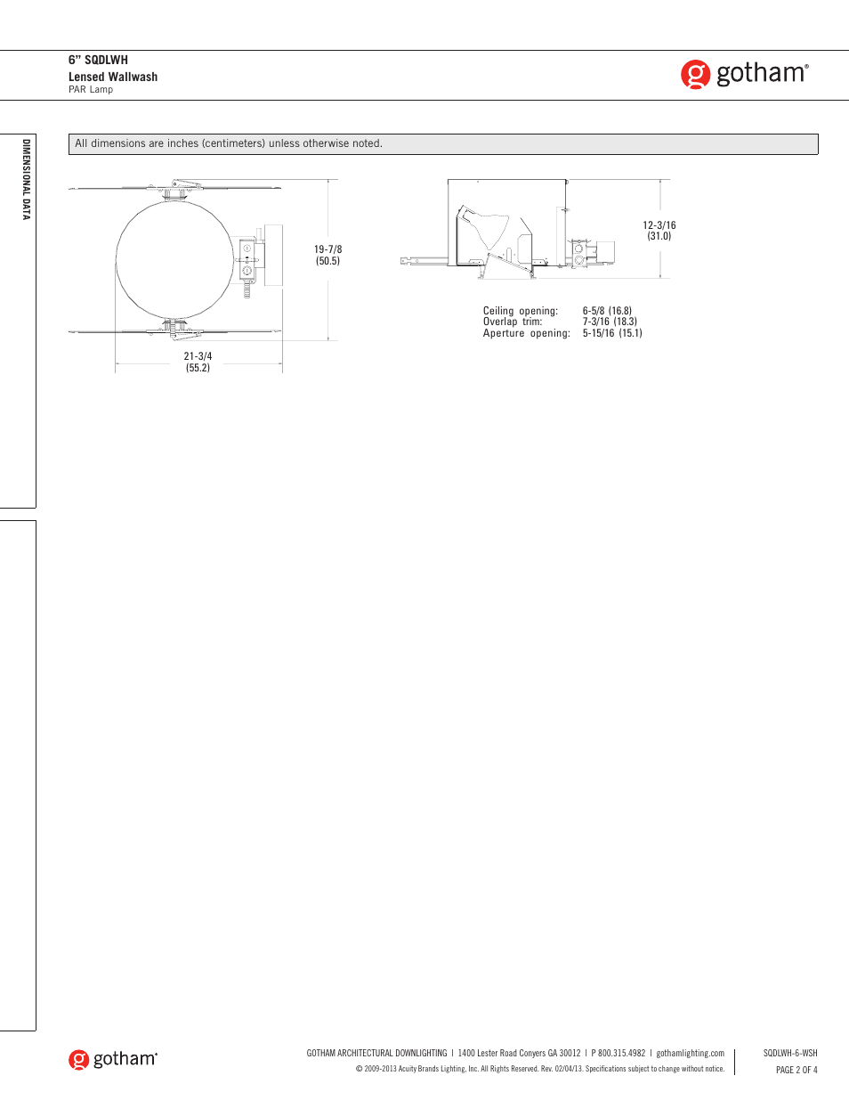 Gotham 6 SQDLWH Lensed Wallwash SpecSheet User Manual | Page 2 / 4