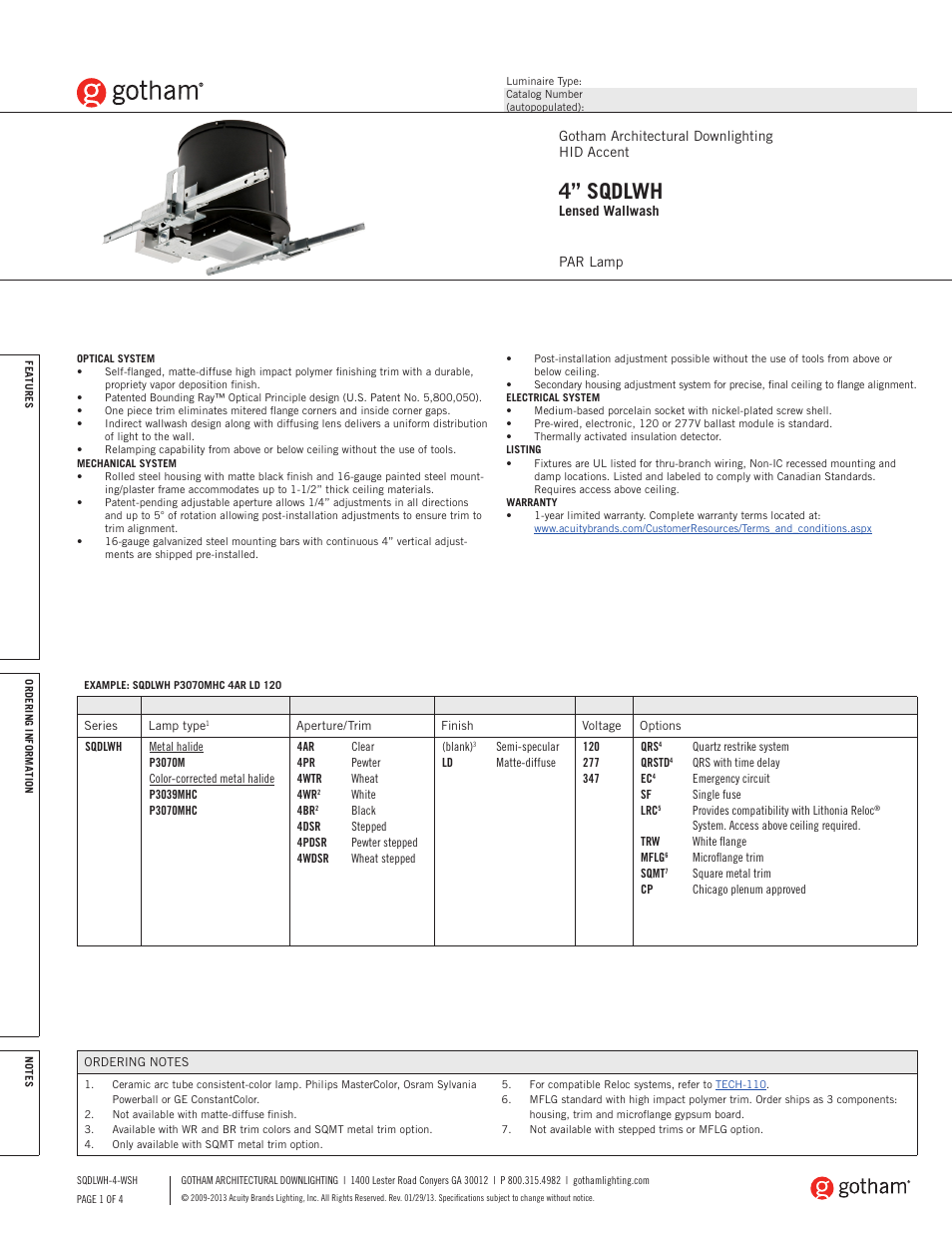 Gotham 4 SQDLWH Lensed Wallwash SpecSheet User Manual | 4 pages