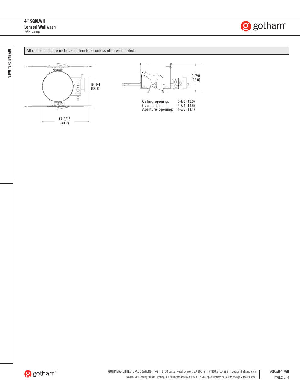 Gotham 4 SQDLWH Lensed Wallwash SpecSheet User Manual | Page 2 / 4