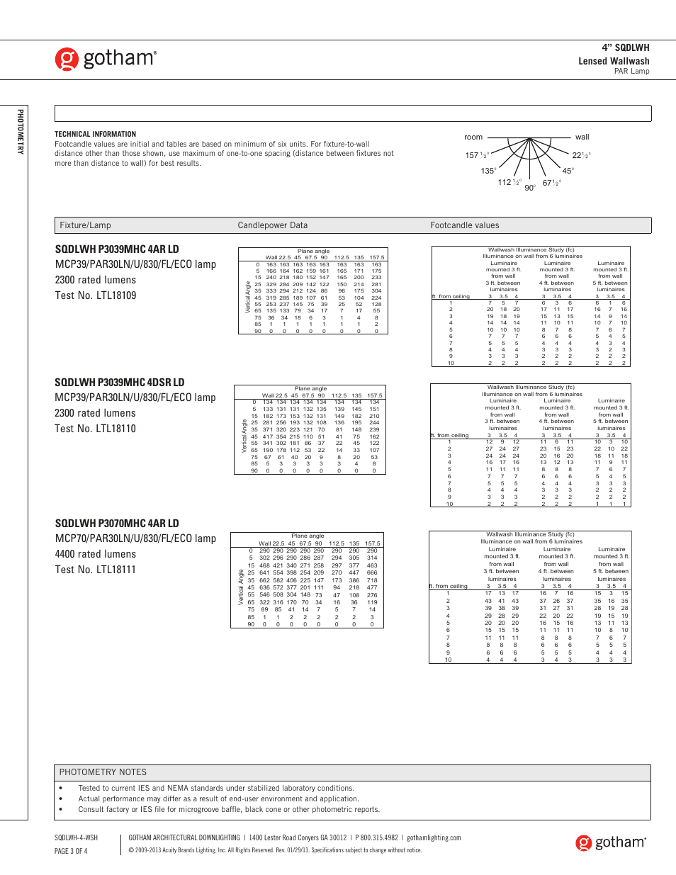 4” sqdlwh lensed wallwash, Fixture/lamp candlepower data footcandle values, Room wall 90 | Gotham 4 SQDLWH Lensed Wallwash SpecSheet User Manual | Page 3 / 4