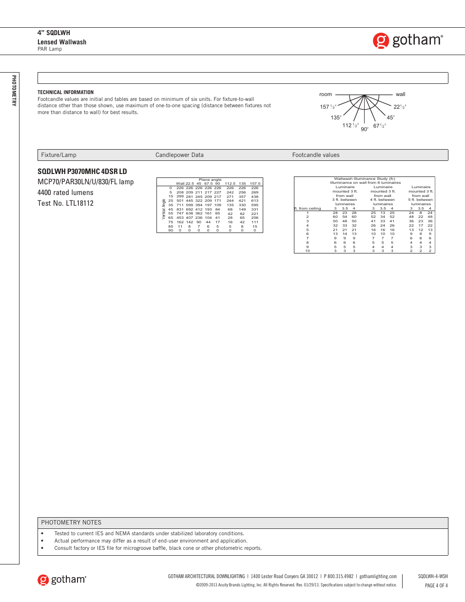 4” sqdlwh lensed wallwash, Fixture/lamp candlepower data footcandle values, Room wall 90 | Page 4 of 4 sqdlwh-4-wsh, Par lamp ph oto m et ry | Gotham 4 SQDLWH Lensed Wallwash SpecSheet User Manual | Page 4 / 4