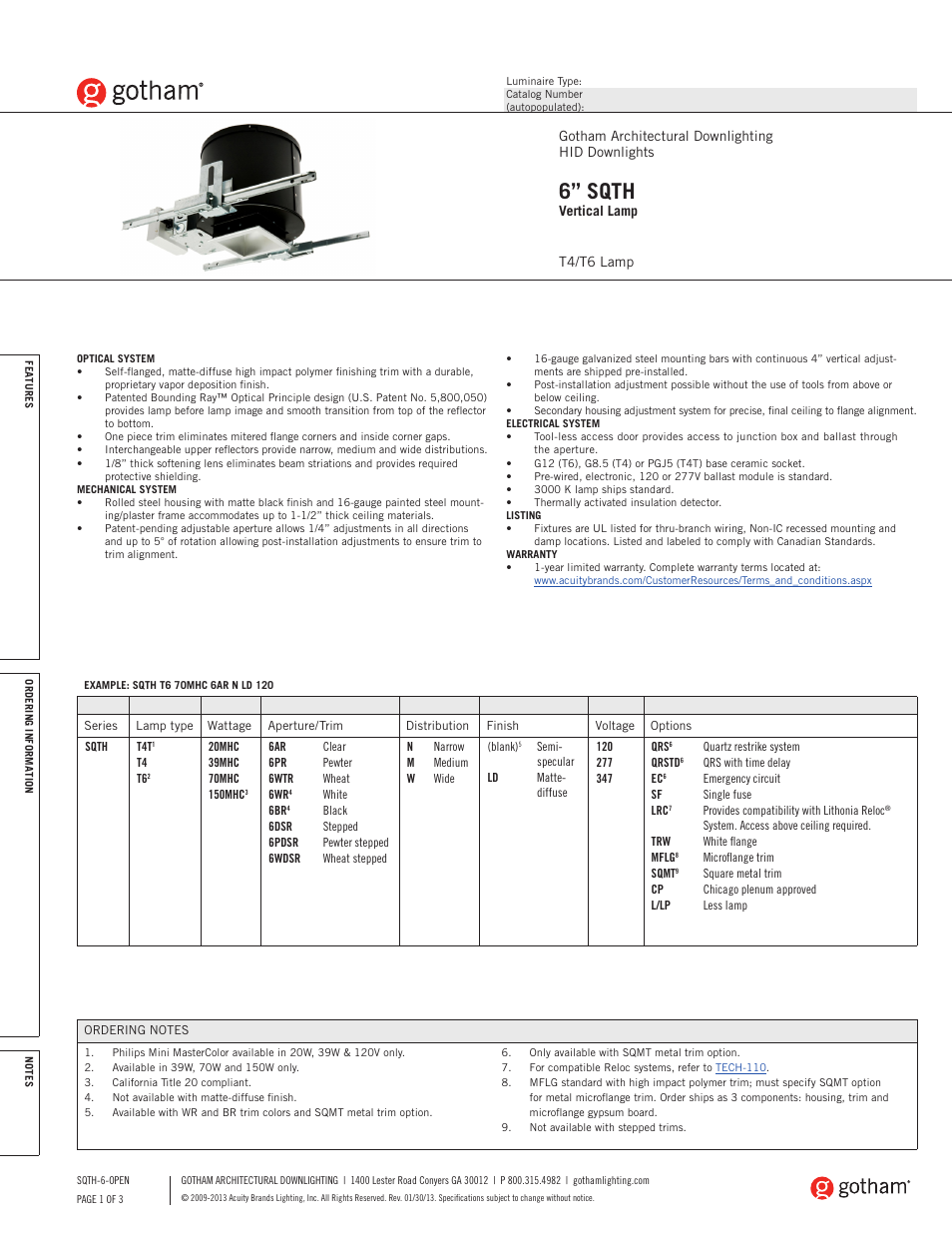 Gotham 6 SQTH Vertical Lamp SpecSheet User Manual | 3 pages