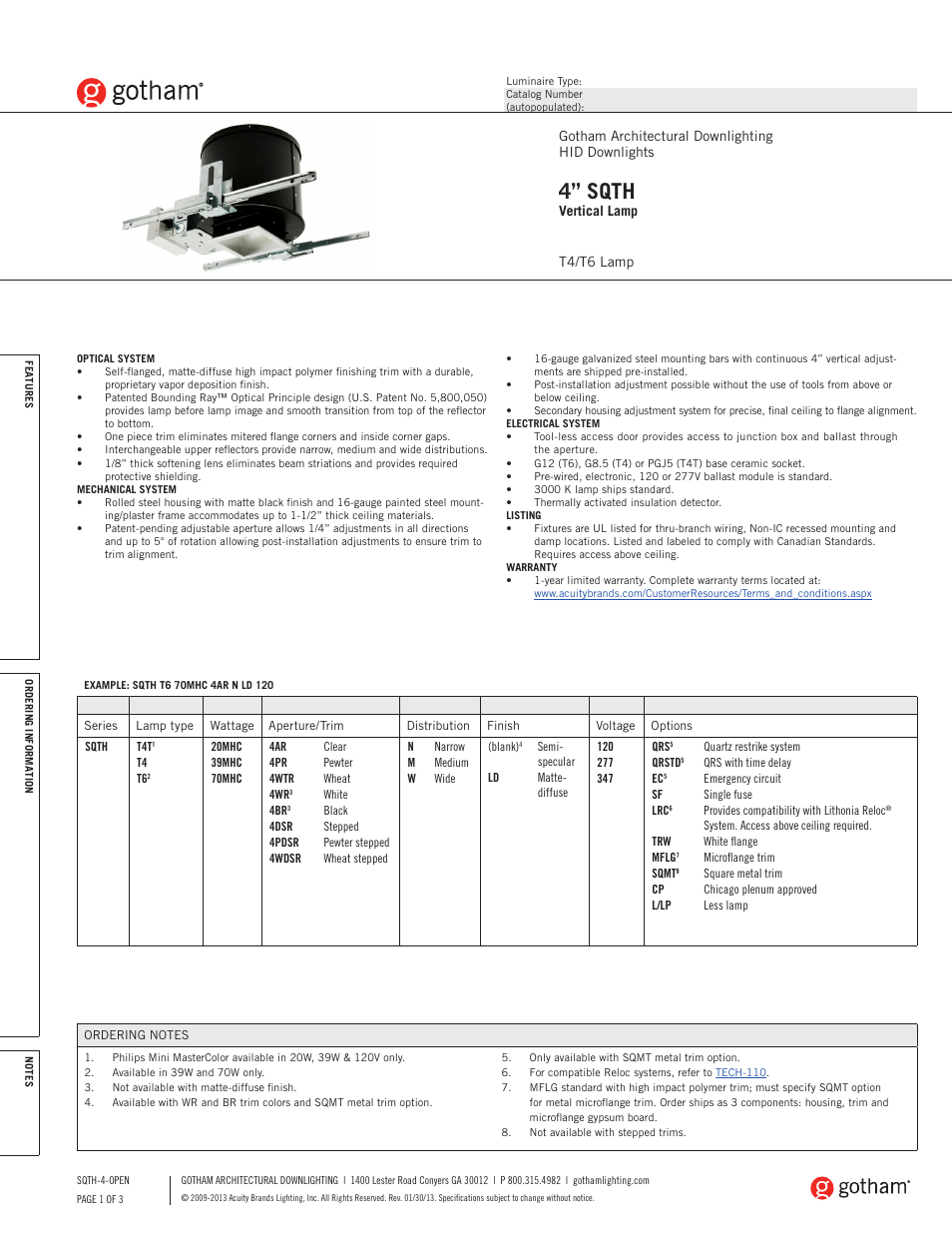 Gotham 4 SQTH Vertical Lamp SpecSheet User Manual | 3 pages