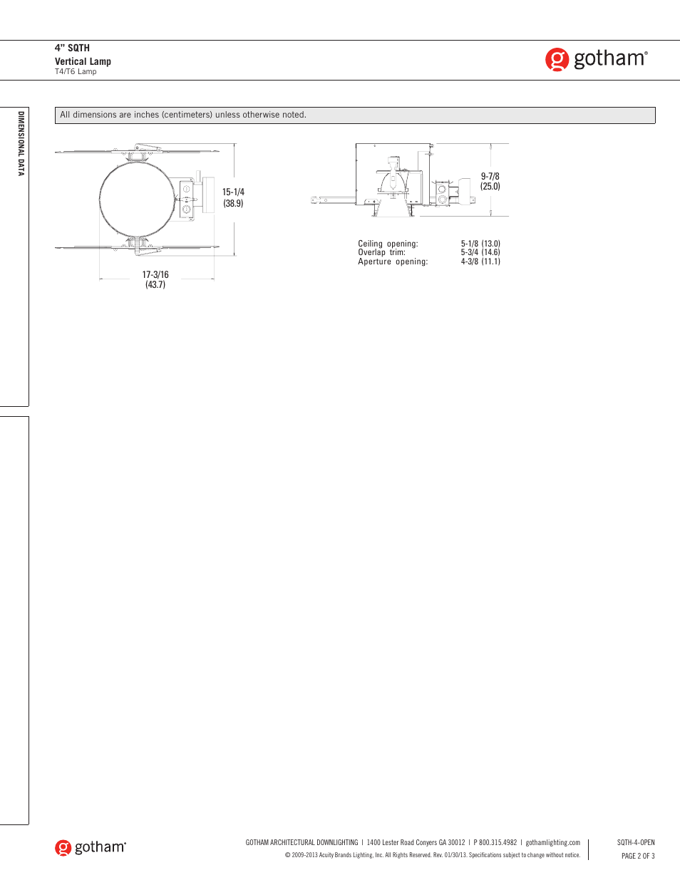 Gotham 4 SQTH Vertical Lamp SpecSheet User Manual | Page 2 / 3