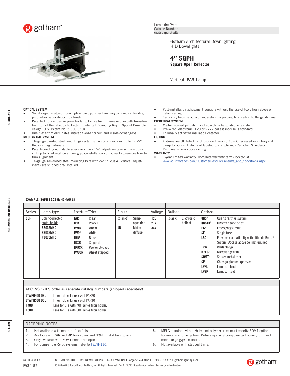 Gotham 4 SQPH Square Open Reflector SpecSheet User Manual | 3 pages