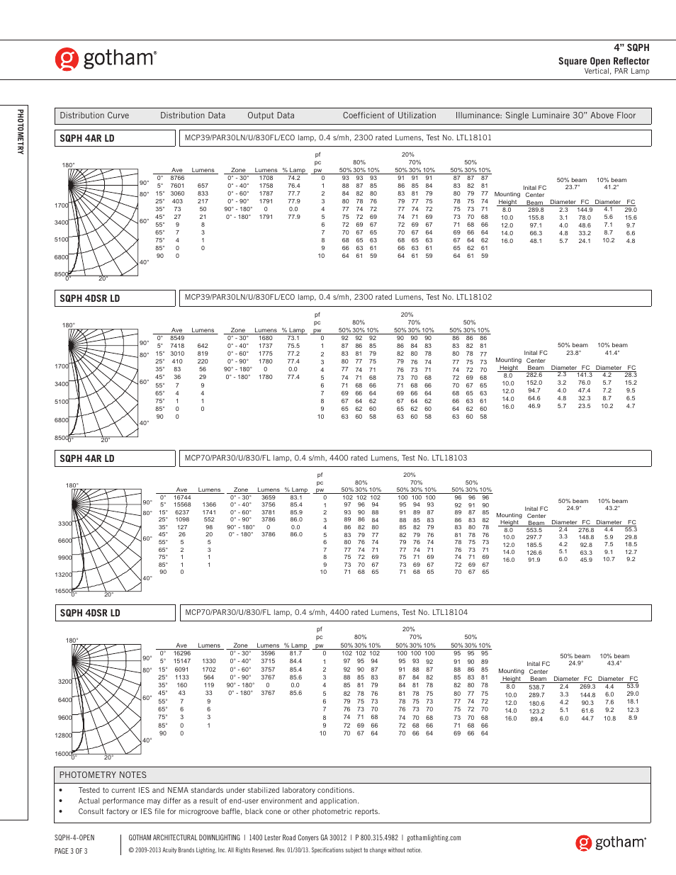 4” sqph square open reflector, Sqph 4ar ld, Sqph 4dsr ld | Gotham 4 SQPH Square Open Reflector SpecSheet User Manual | Page 3 / 3