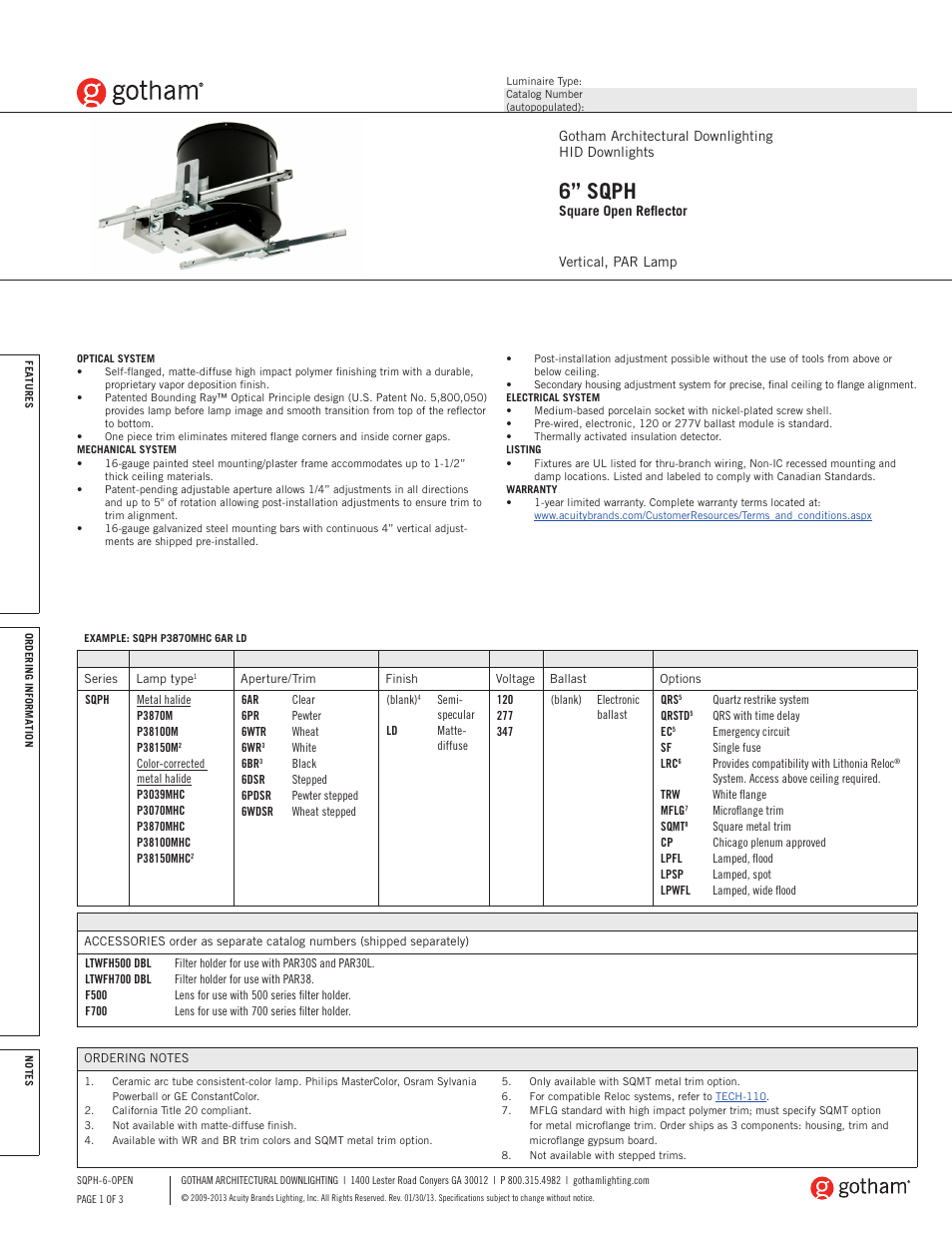 Gotham 6 SQPH Square Open Reflector SpecSheet User Manual | 3 pages