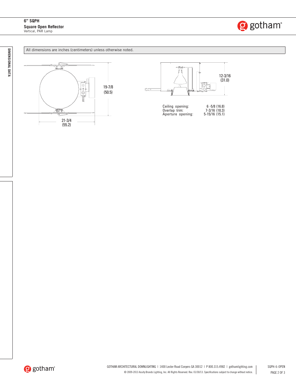Gotham 6 SQPH Square Open Reflector SpecSheet User Manual | Page 2 / 3