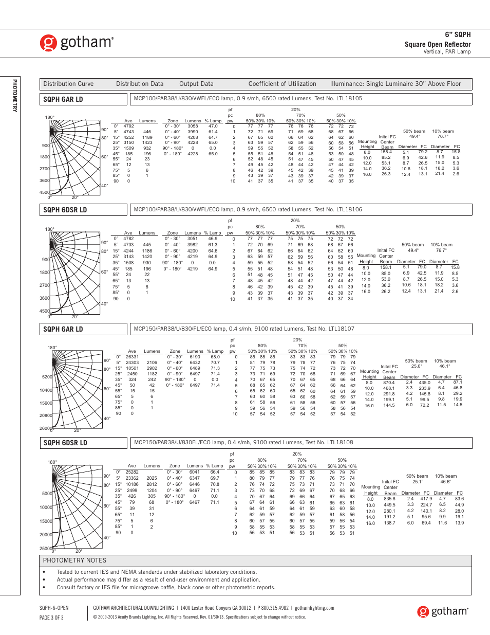 6” sqph square open reflector, Sqph 6ar ld, Sqph 6dsr ld | Gotham 6 SQPH Square Open Reflector SpecSheet User Manual | Page 3 / 3