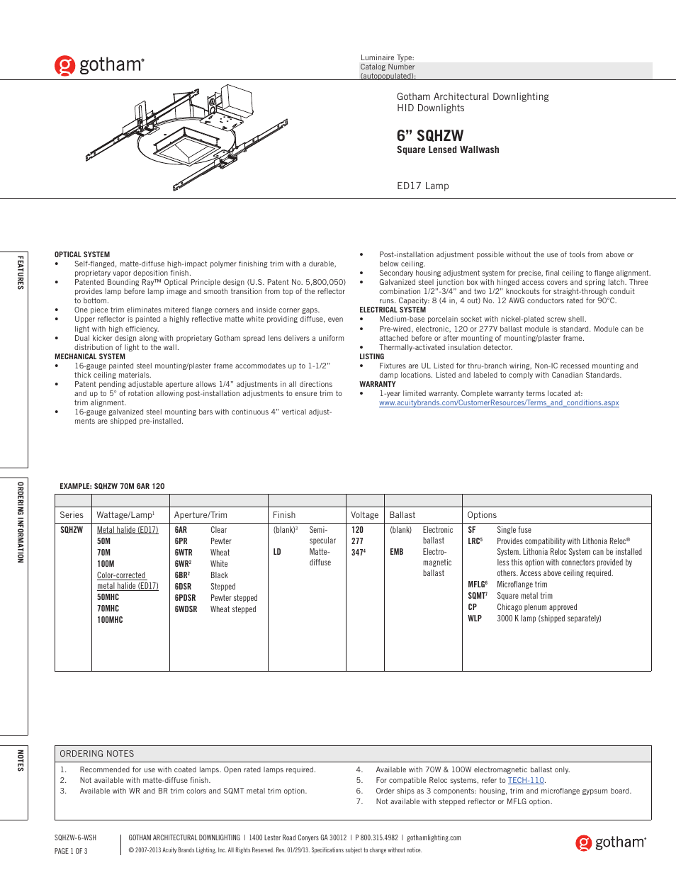 Gotham 6 SQHZW Square Lensed Wallwash SpecSheet User Manual | 3 pages