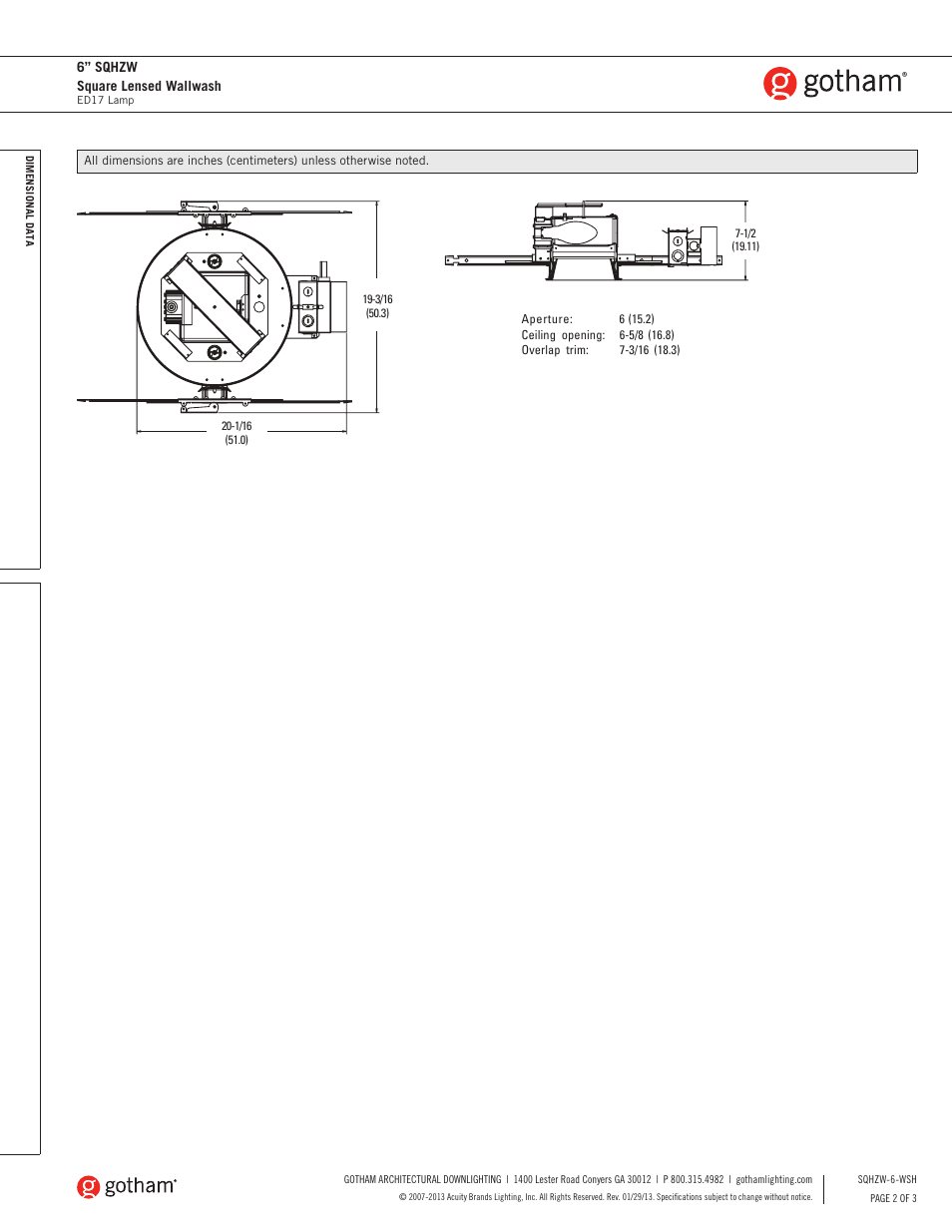 Gotham 6 SQHZW Square Lensed Wallwash SpecSheet User Manual | Page 2 / 3