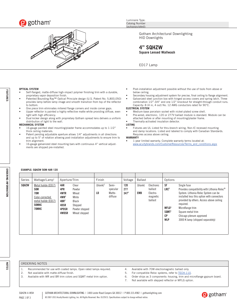 Gotham 4 SQHZW Square Lensed Wallwash SpecSheet User Manual | 3 pages