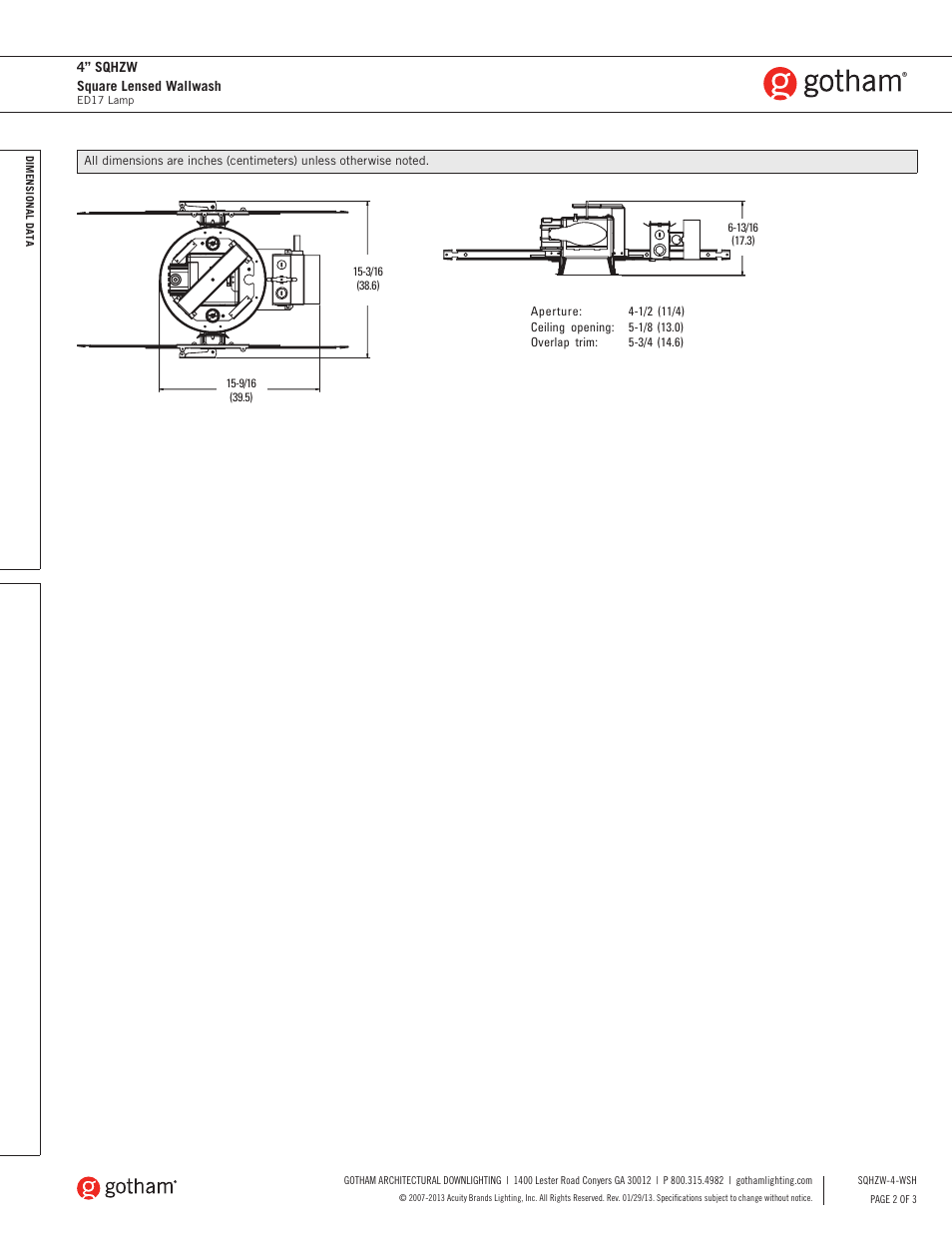 Gotham 4 SQHZW Square Lensed Wallwash SpecSheet User Manual | Page 2 / 3