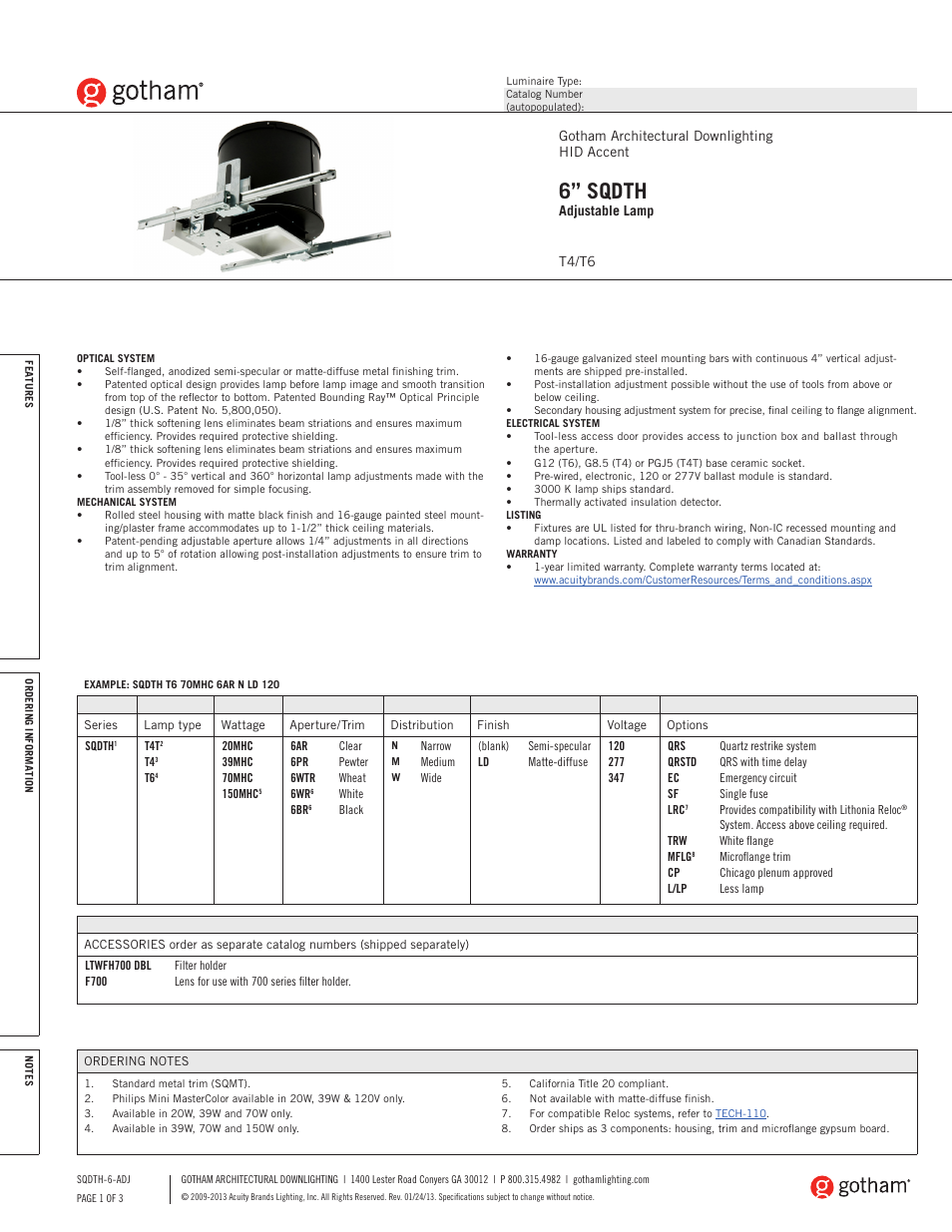 Gotham 6 SQDTH Adjustable Lamp SpecSheet User Manual | 3 pages