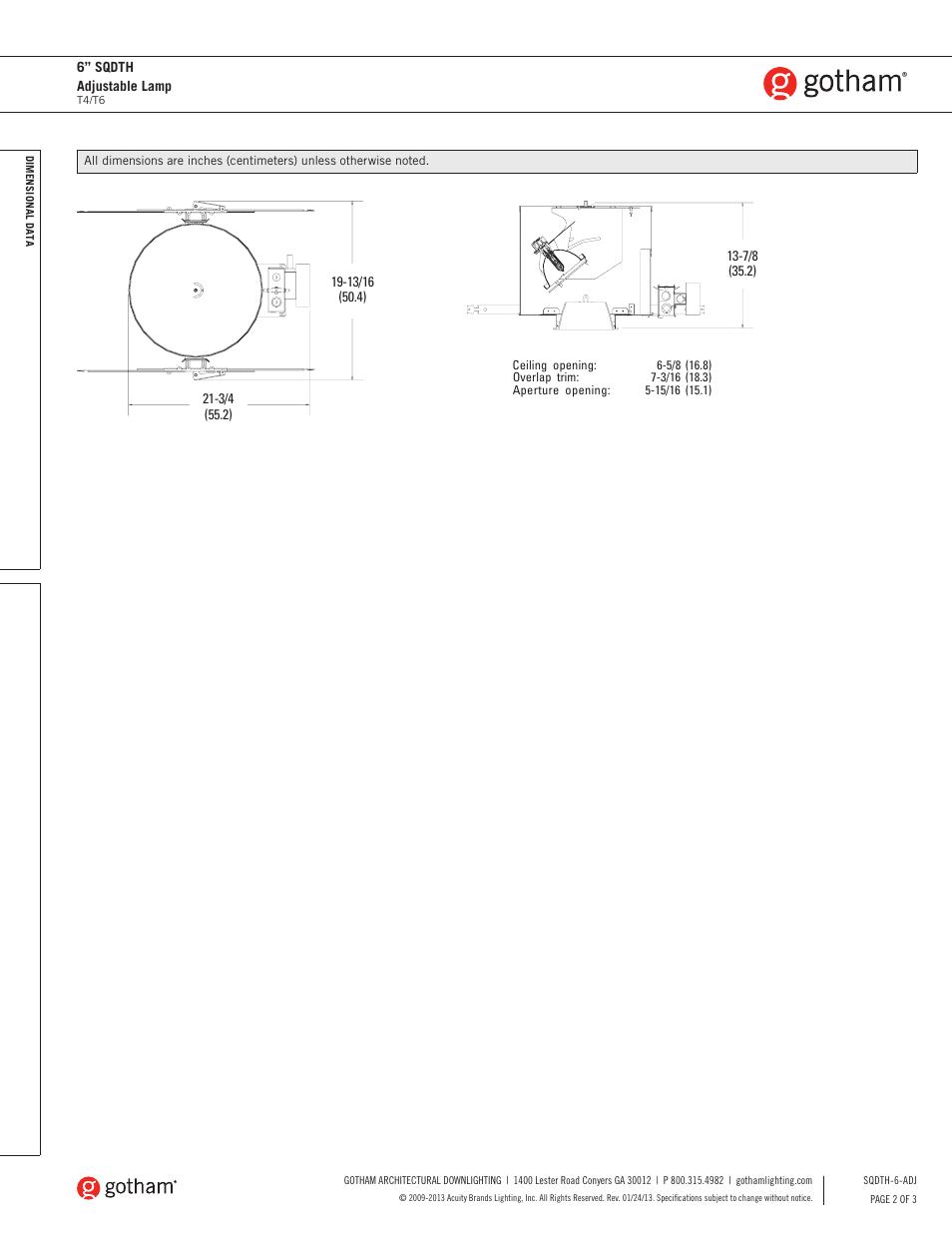 Gotham 6 SQDTH Adjustable Lamp SpecSheet User Manual | Page 2 / 3