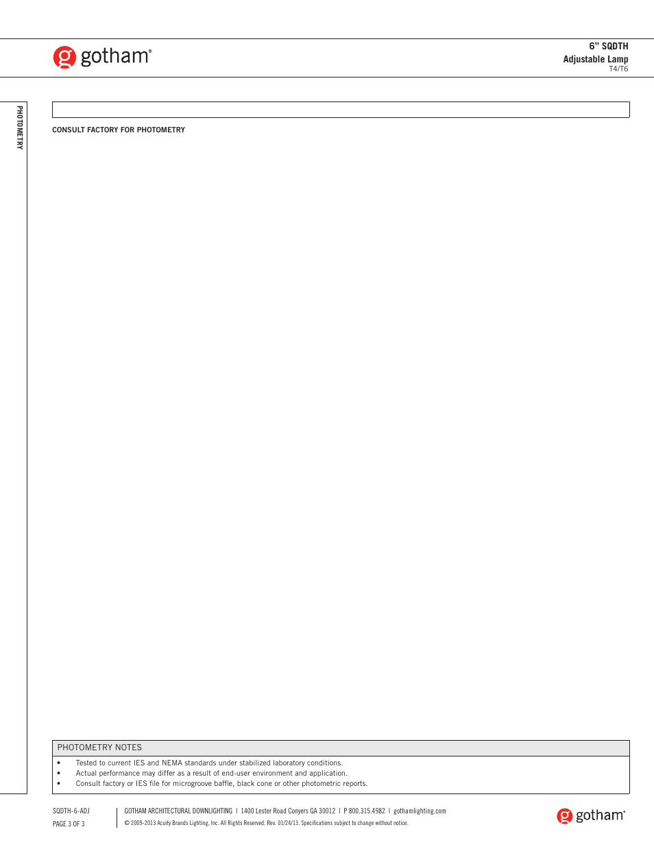 6” sqdth adjustable lamp | Gotham 6 SQDTH Adjustable Lamp SpecSheet User Manual | Page 3 / 3