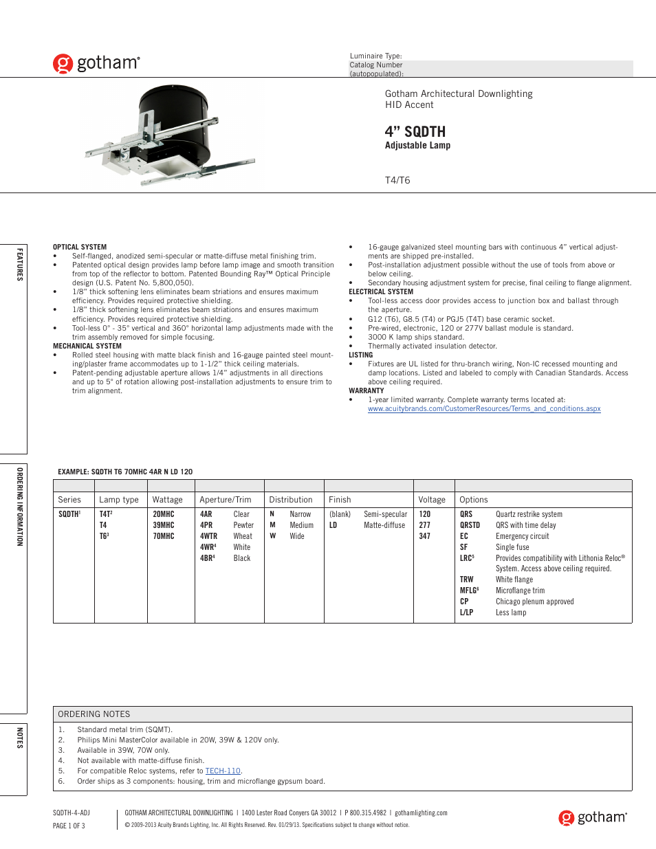 Gotham 4 SQDTH Adjustable Lamp SpecSheet User Manual | 3 pages