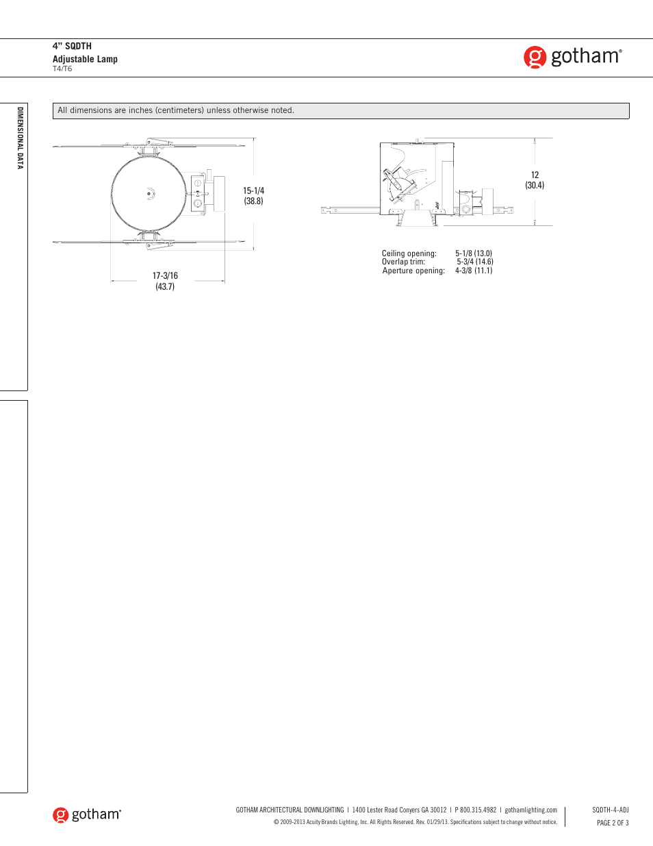 Gotham 4 SQDTH Adjustable Lamp SpecSheet User Manual | Page 2 / 3