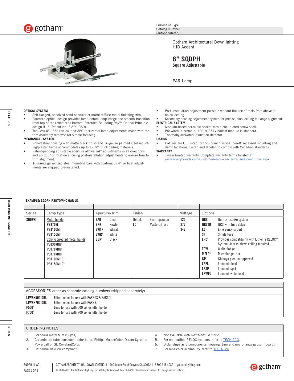 Gotham 6 SQDPH Square Adjustable SpecSheet User Manual | 3 pages