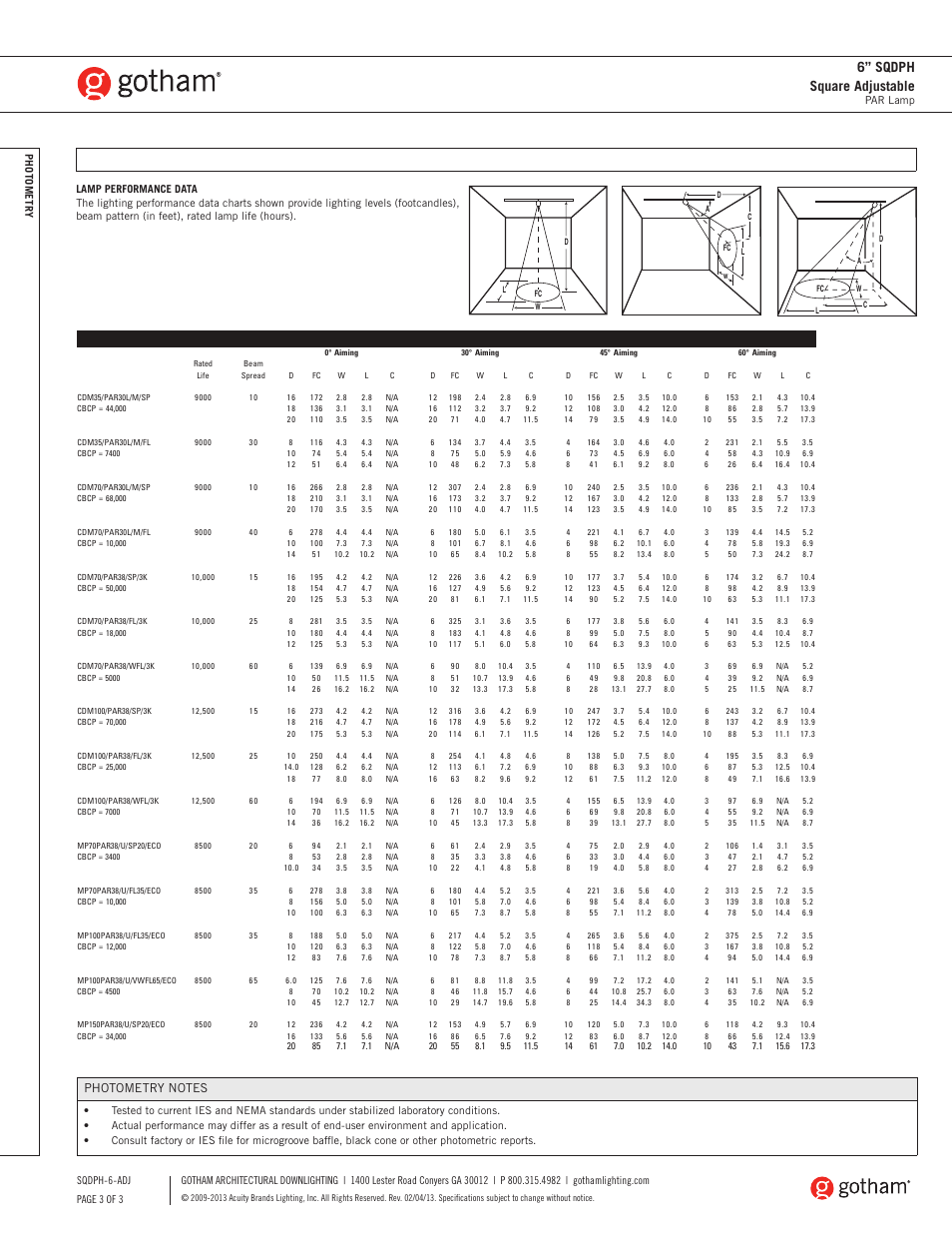 6” sqdph square adjustable | Gotham 6 SQDPH Square Adjustable SpecSheet User Manual | Page 3 / 3