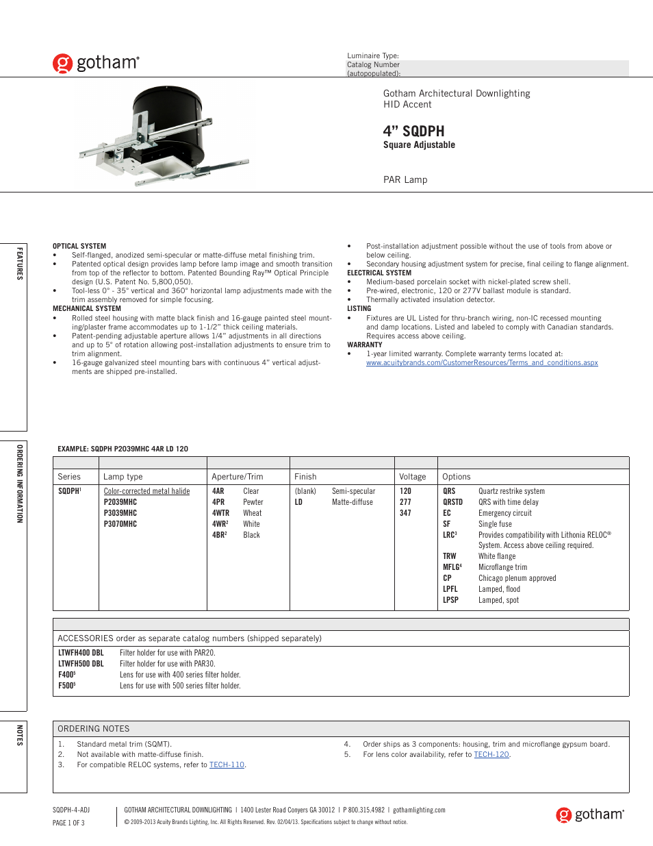 Gotham 4 SQDPH Square Adjustable SpecSheet User Manual | 3 pages