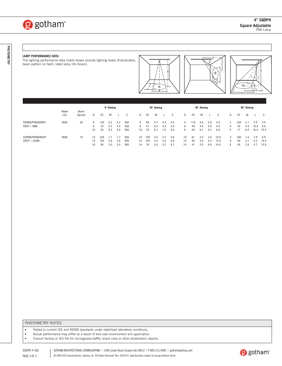 4” sqdph square adjustable | Gotham 4 SQDPH Square Adjustable SpecSheet User Manual | Page 3 / 3