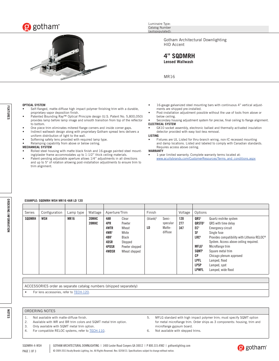 Gotham 4 SQDMRH Lensed Wallwash SpecSheet User Manual | 3 pages