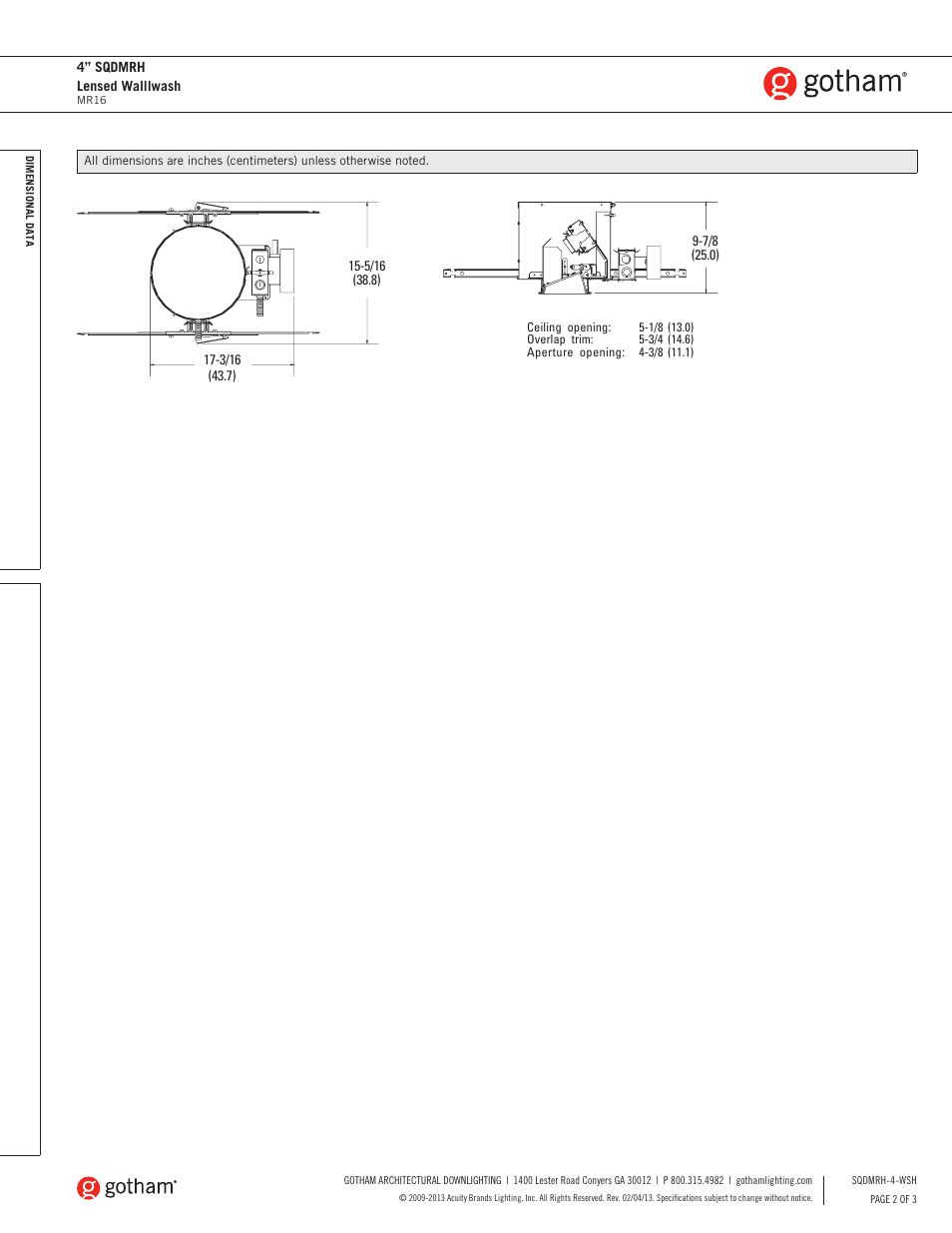 Gotham 4 SQDMRH Lensed Wallwash SpecSheet User Manual | Page 2 / 3