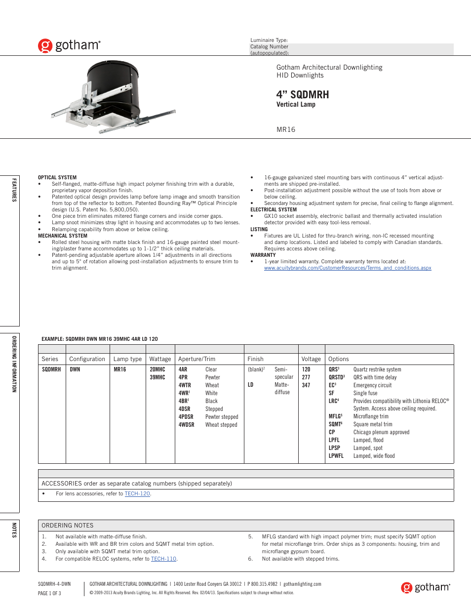 Gotham 4 SQDMRH Vertical Lamp SpecSheet User Manual | 3 pages