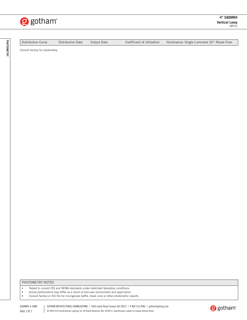 Gotham 4 SQDMRH Vertical Lamp SpecSheet User Manual | Page 3 / 3