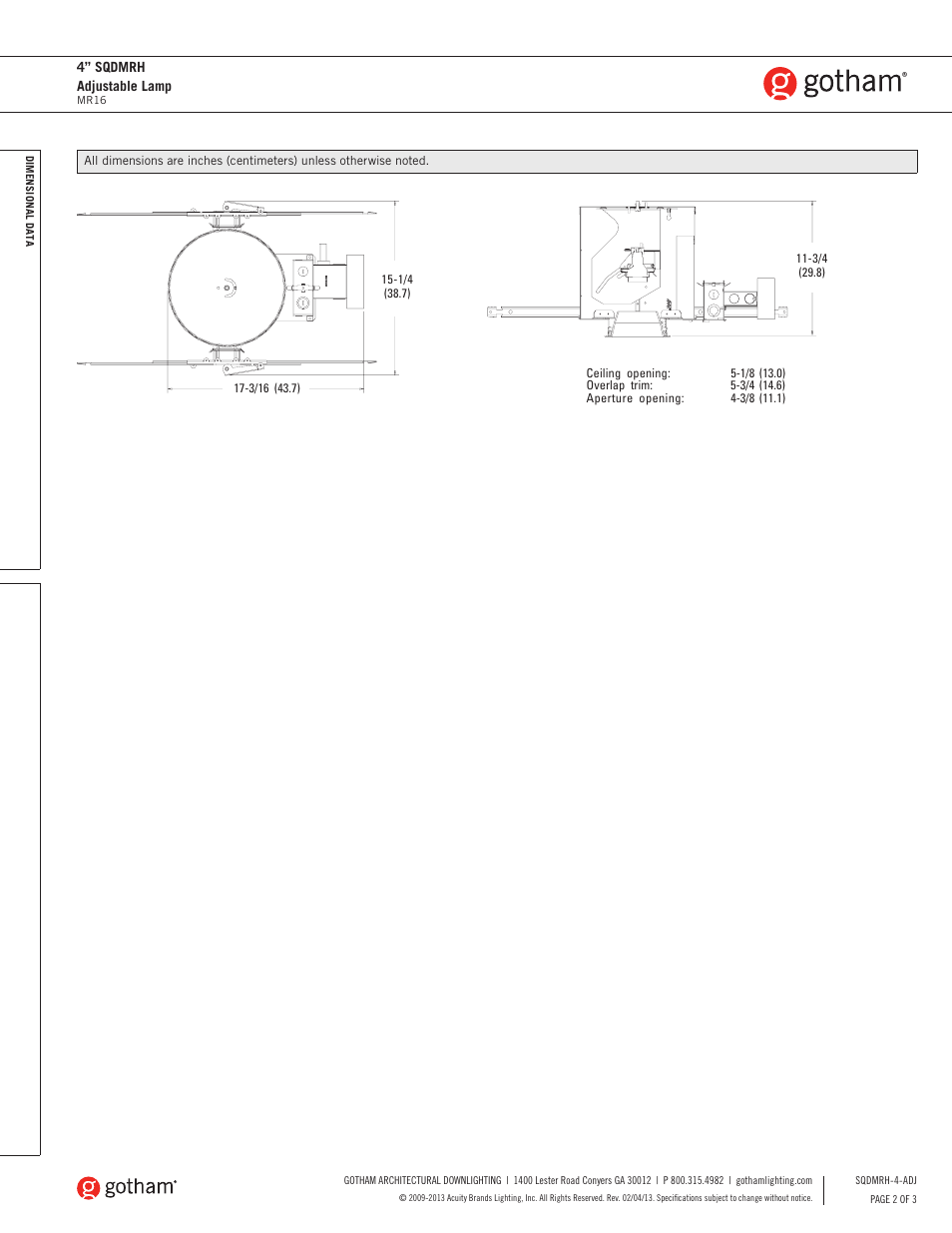 Gotham 4 SQDMRH Adjustable Lamp SpecSheet User Manual | Page 2 / 3