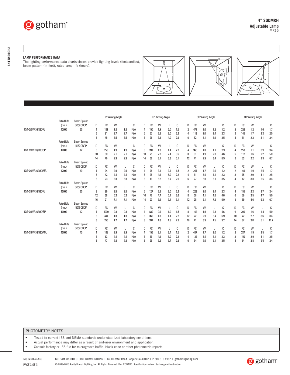 4” sqdmrh adjustable lamp | Gotham 4 SQDMRH Adjustable Lamp SpecSheet User Manual | Page 3 / 3