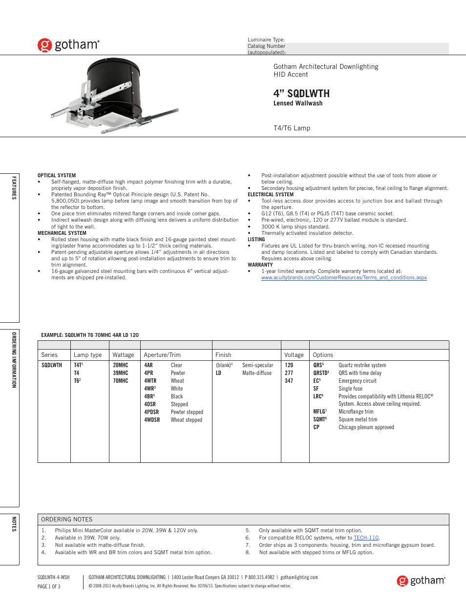 Gotham 4 SQDLWTH Lensed Wallwash SpecSheet User Manual | 3 pages