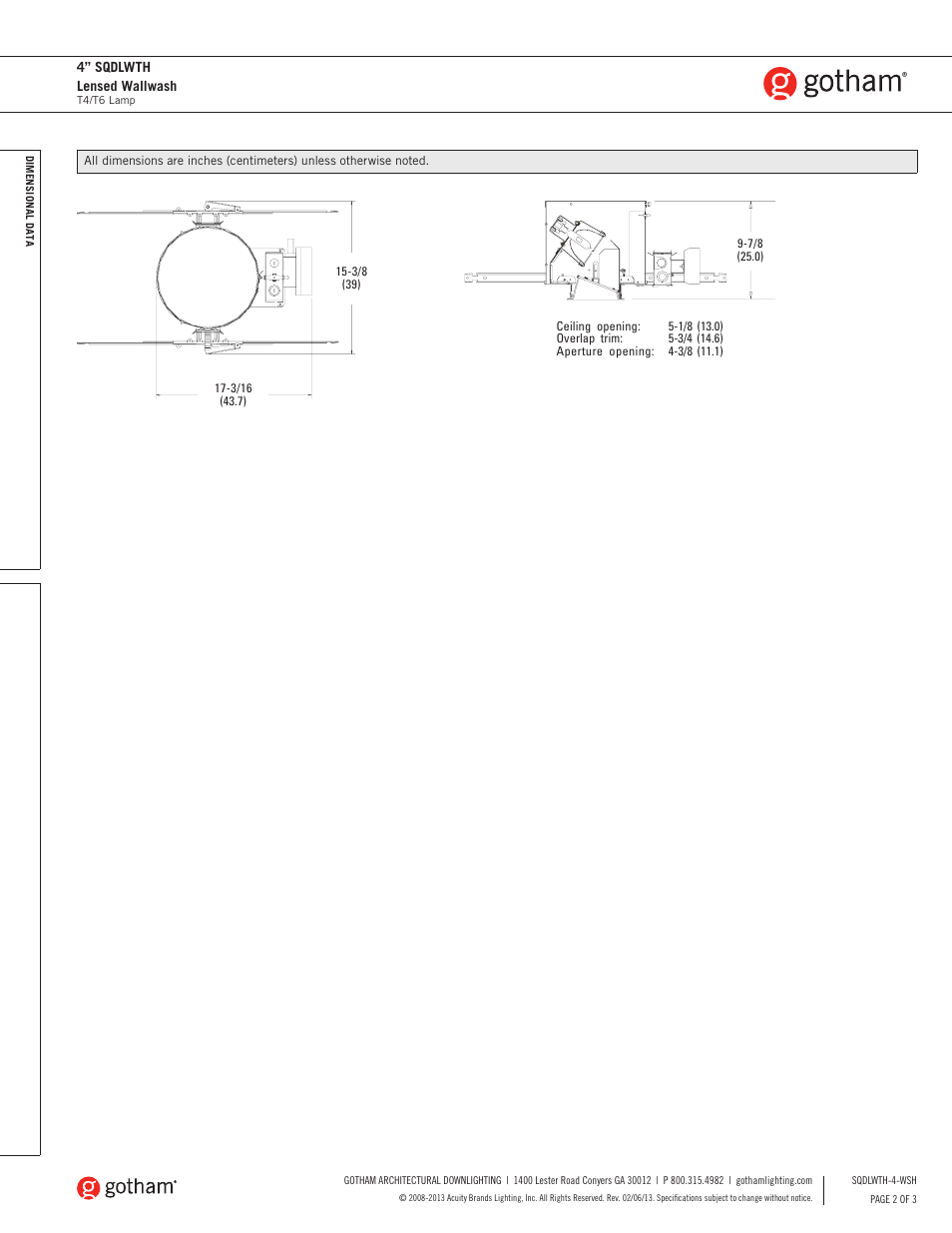 Gotham 4 SQDLWTH Lensed Wallwash SpecSheet User Manual | Page 2 / 3
