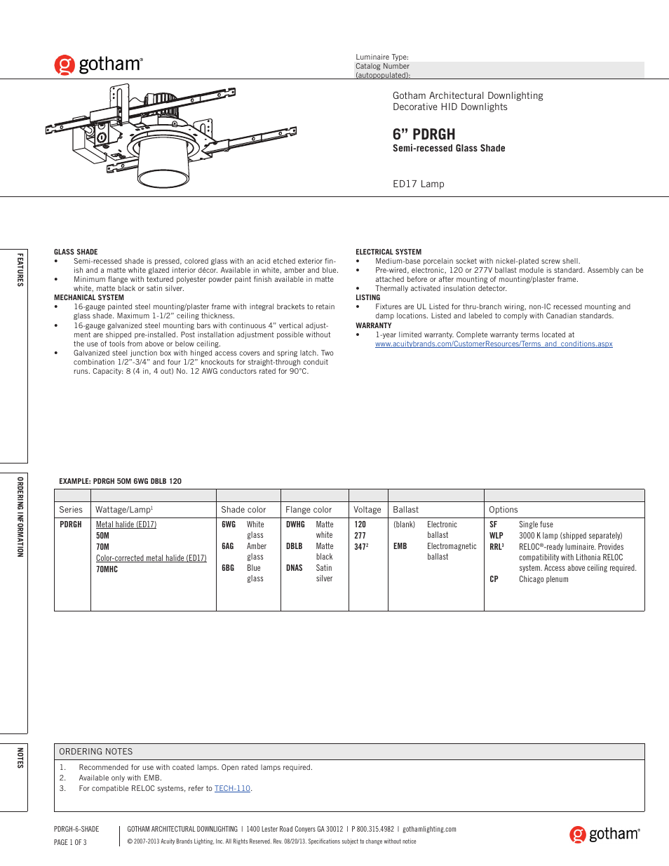 Gotham 6 PDRGH Semi-recessed Glass Shade SpecSheet User Manual | 3 pages