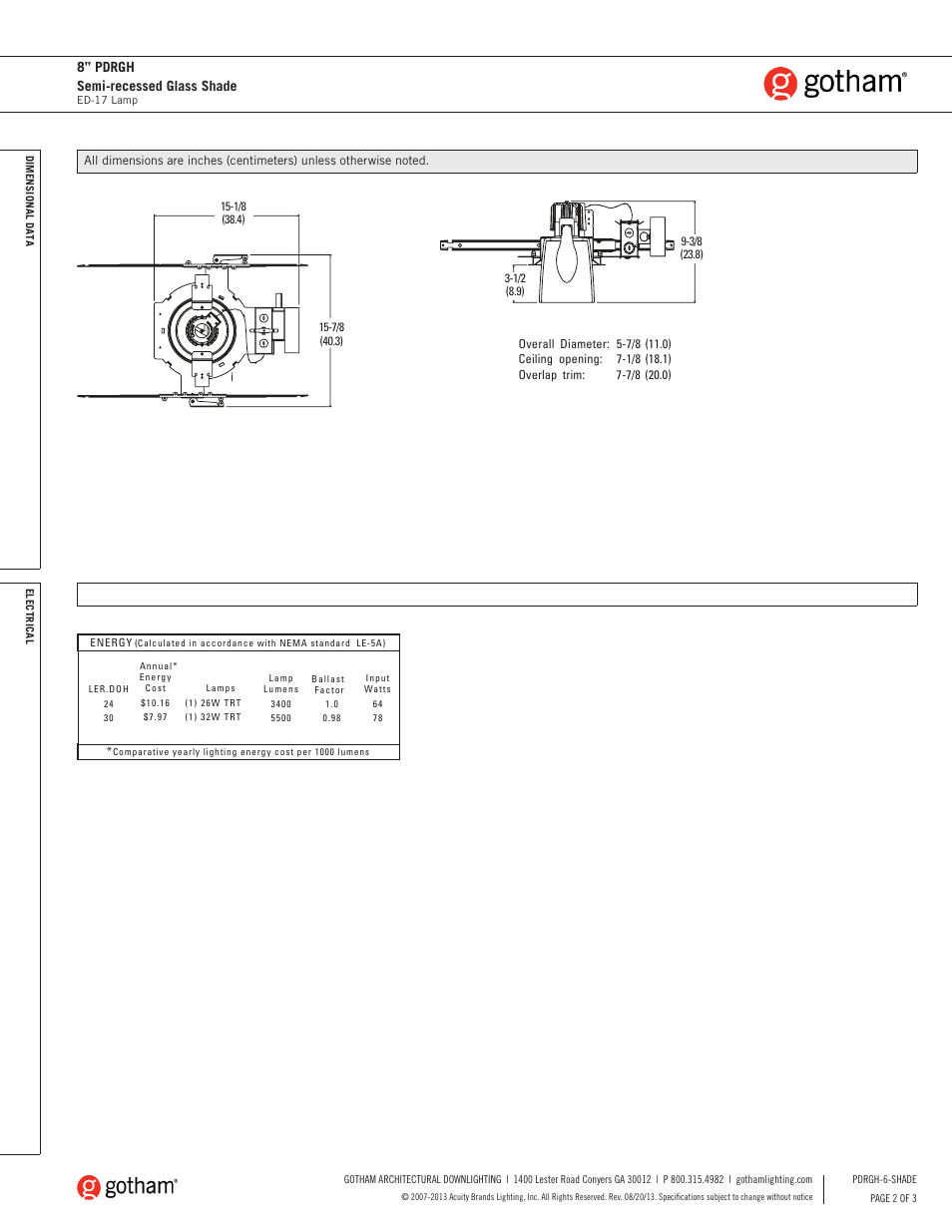 8” pdrgh semi-recessed glass shade | Gotham 6 PDRGH Semi-recessed Glass Shade SpecSheet User Manual | Page 2 / 3
