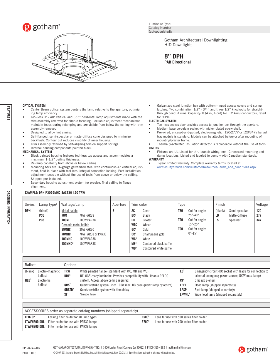 Gotham 8 DPH PAR Directional SpecSheet User Manual | 3 pages