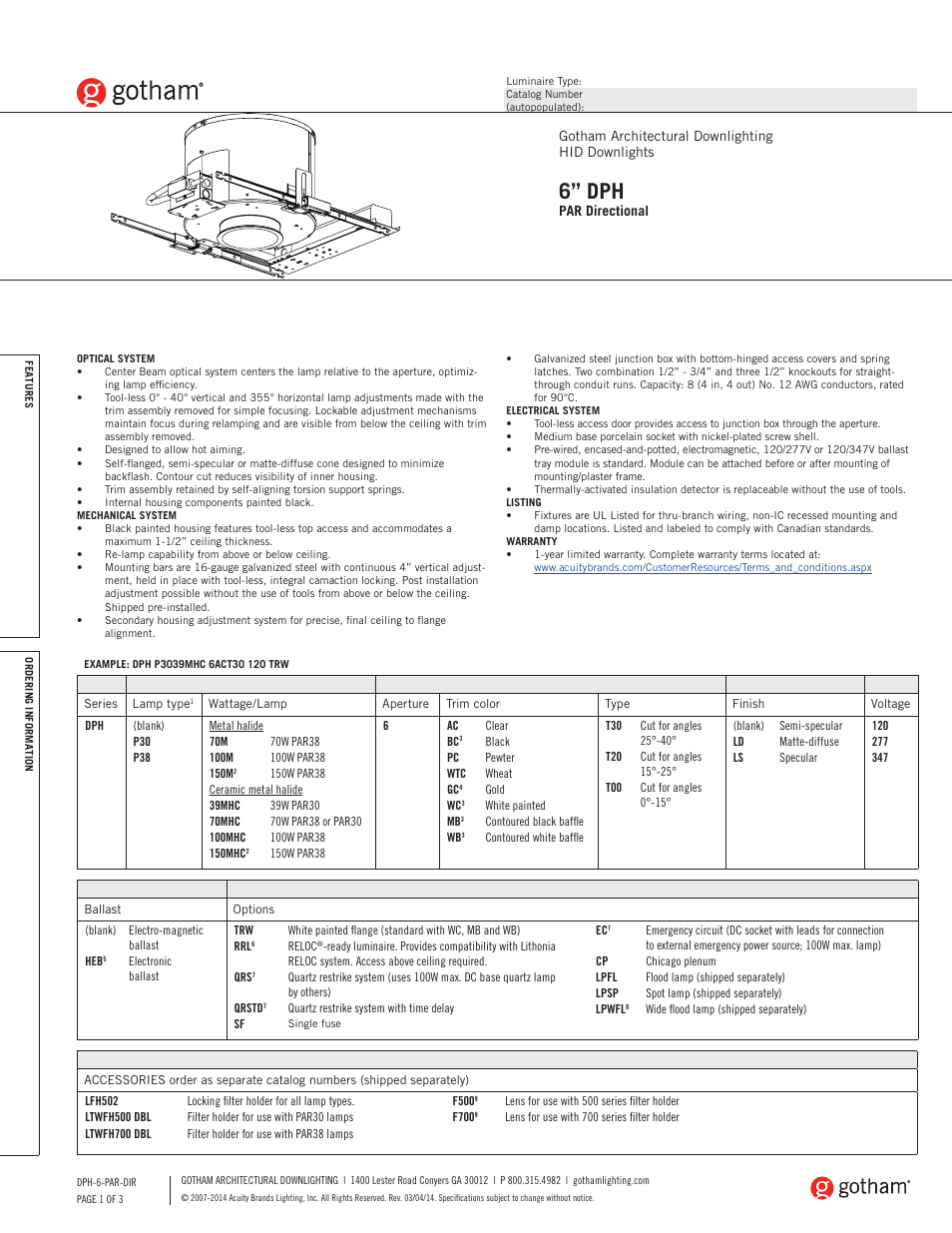 Gotham 6 DPH PAR Directional SpecSheet User Manual | 3 pages