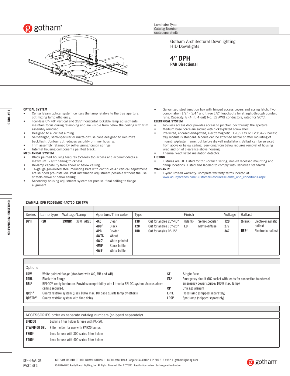 Gotham 4 DPH PAR Directional SpecSheet User Manual | 3 pages