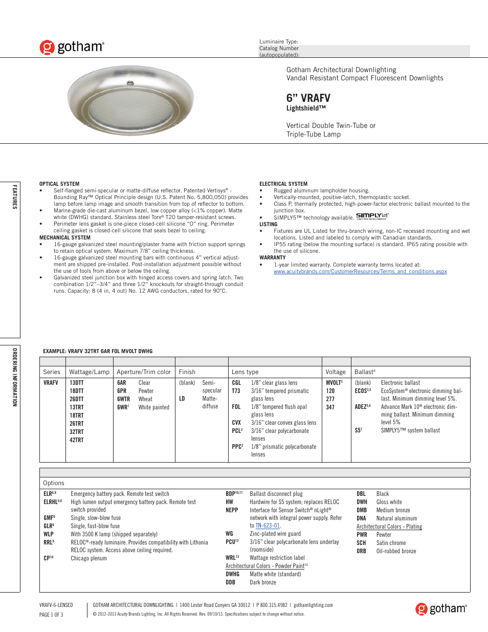 Gotham 6 VRAFV Lightshield SpecSheet User Manual | 3 pages