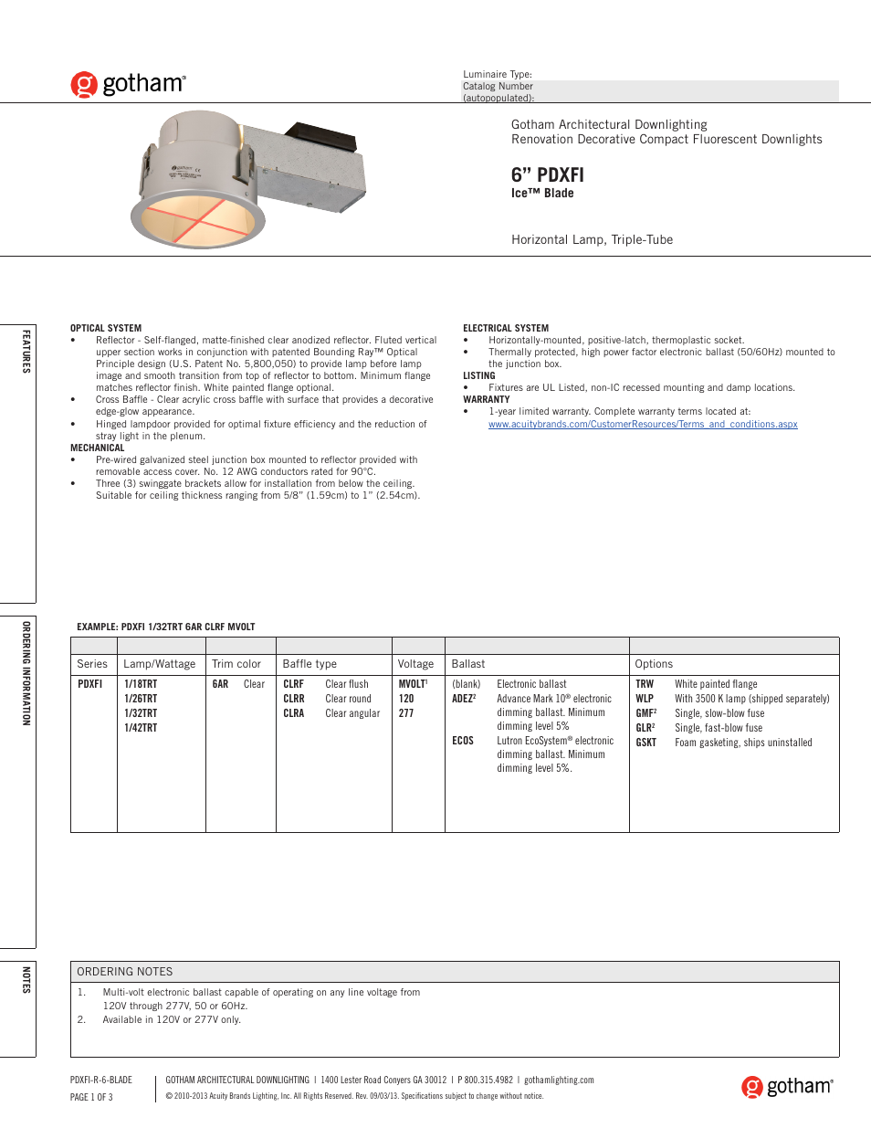 Gotham 6 PDXFI Ice Blade SpecSheet User Manual | 3 pages