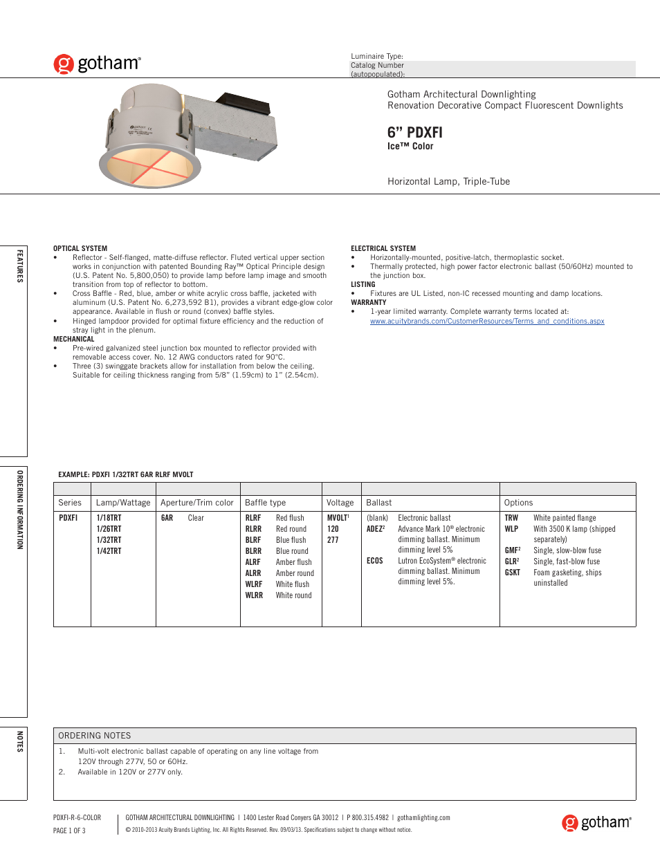 Gotham 6 PDXFI Ice Color SpecSheet User Manual | 3 pages