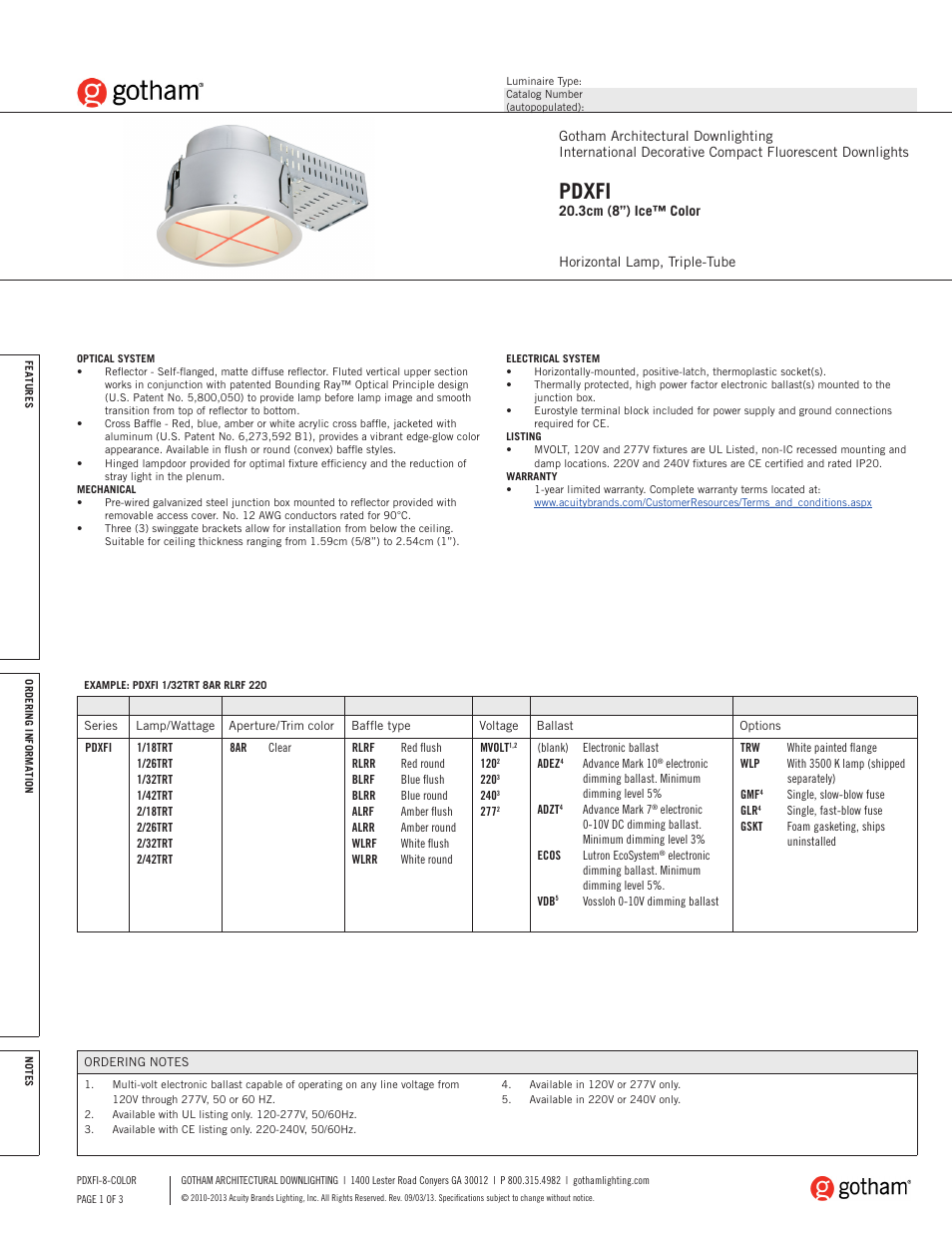 Gotham PDXFI 20.3cm (8) Ice Color SpecSheet User Manual | 3 pages