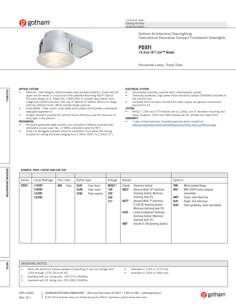 Gotham PDXFI 15.2cm (6) Ice Blade SpecSheet User Manual | 3 pages