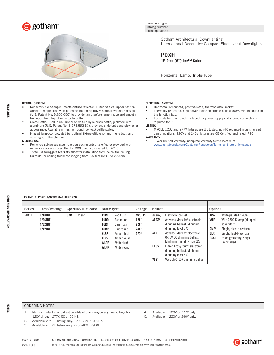 Gotham PDXFI 15.2cm (6) Ice Color SpecSheet User Manual | 3 pages