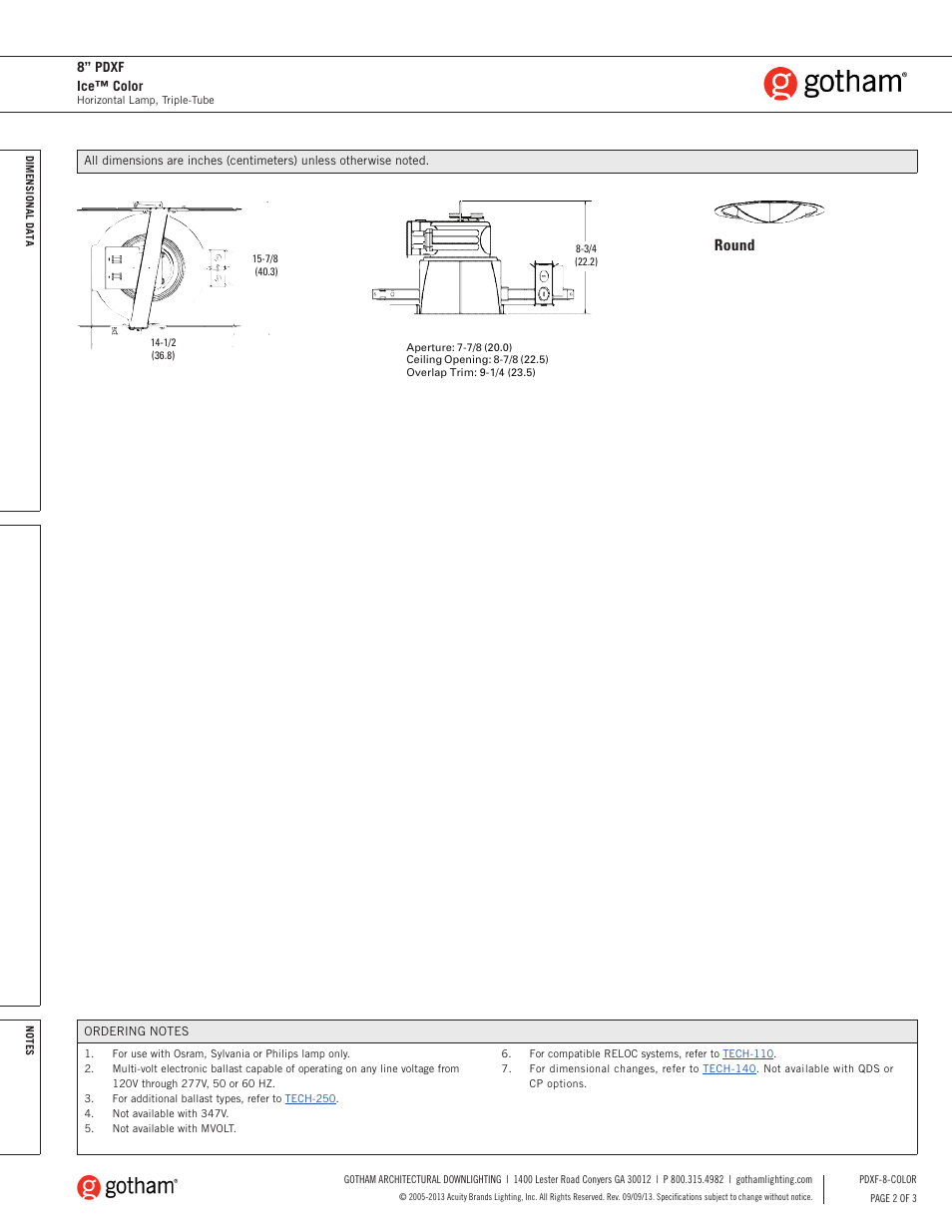 Round, 8” pdxf ice™ color | Gotham 8 PDXF Ice Color SpecSheet User Manual | Page 2 / 3