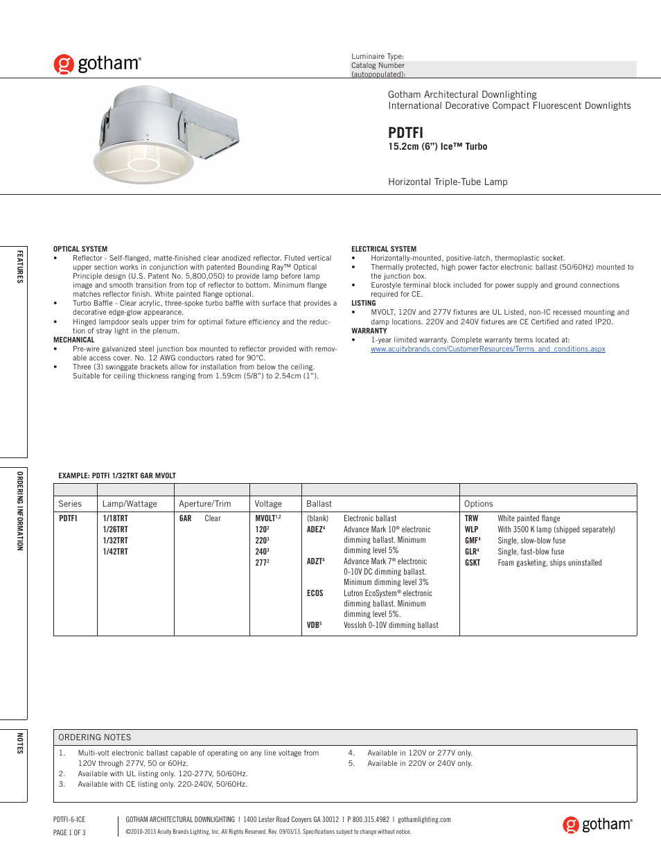 Gotham PDTFI 15.2cm (6) Ice Turbo SpecSheet User Manual | 3 pages