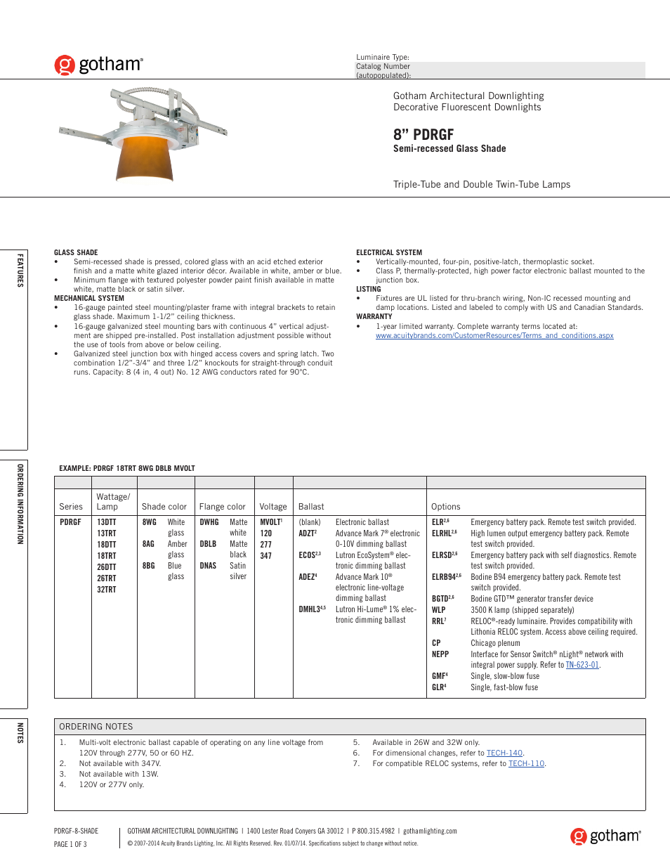 Gotham 8 PDRGF Semi-recessed Glass Shade SpecSheet User Manual | 3 pages